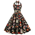 2026 New Audrey Hepburn Style Vintage Floral Print Halter Neck Swing Dress