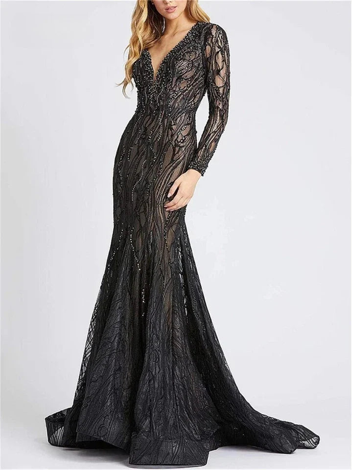 Beaded Black Sexy Long Sleeves Mermaid Evening Dresses Wedding Party Gown