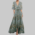 Women's Printed Tie-Fitting Skirt Dress Women Fashionable Elegant V-Neck Skirt